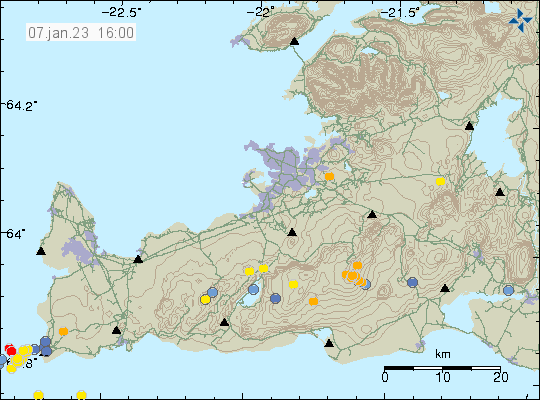 Orange dots in Brennisteinsfjöll volcano on Reykjanes peninsula. Location based on automatic data suggests that this is earthquake swarm created by magma, rather than tectonic processes.