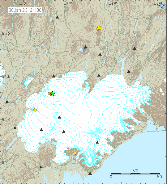 Green star on the left side of the image in Bárðarbunga volcano in Vatnajökull glacier. Along with orange dots on almost the same location. 