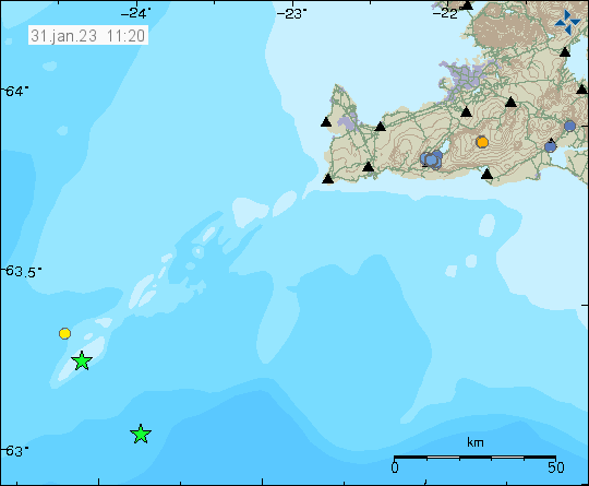 Two green star in the far left side of the image, one more close to the bottom of the image. Reykjanes peninsula on the right top part of the image.