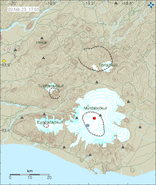 Mýrdalsjökull glacier and the caldera shown as a elongated circle inside the glacier on the map from Icelandic Met Office. In the central caldera, there's a red dot showing the newest and largest earthquake of today.