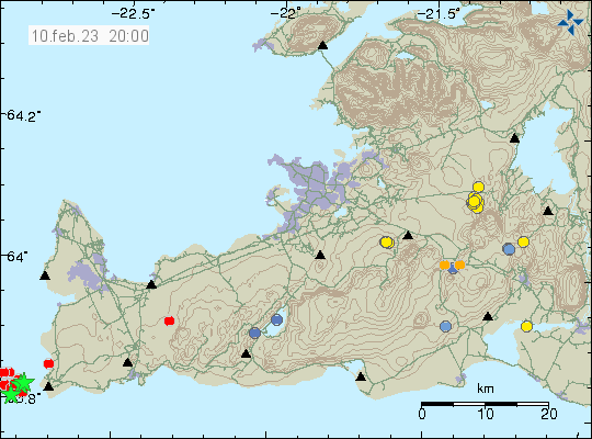 Three green stars and red dots on the left down side on the map of Reykjanes peninsula, the earthquake activity is happening out in the ocean on the Reykjanes ridge.
