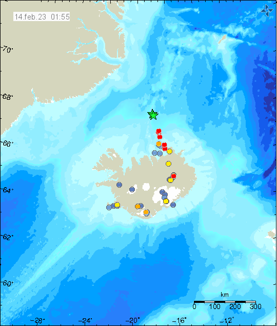 Two green stars far north of Iceland in the ocean. Showing the location of the earthquakes north of Kolbeinsey island. This is all view map of Iceland and shows all the other earthquakes that have taken place in Iceland for the last 48 hours.