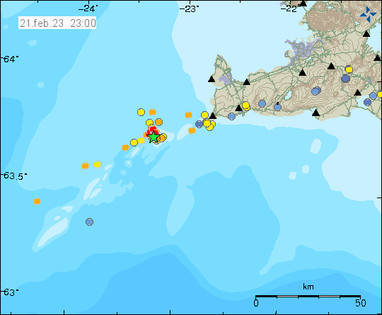 Earthquake swarm on the Reykjanes ridge, marked by orange and green star were the largest earthquake took place. A lot of yellow dots close to Reykjanestá area.