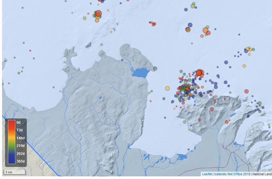 One year worth of earthquake data from Skjalftalísa program on Icelandic Met Office. It shows a clear concentration of earthquakes in Skaftafellsfjöll mountain over this time.