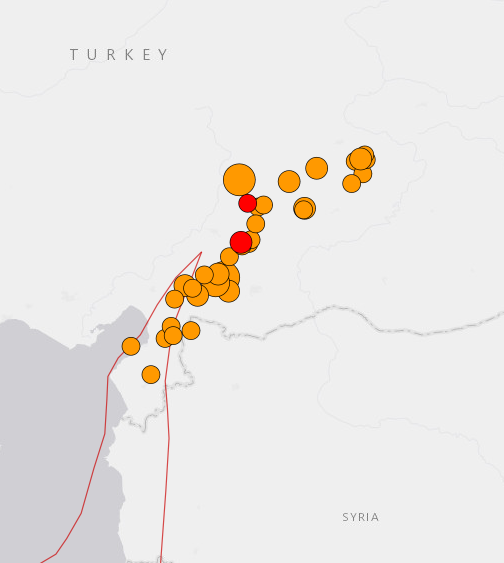 Earthquakes as shown by USGS map. Large orange dots showing the earthquake activity in different sized rings. Size of rings depends on magnitude. More then dozen rings.
