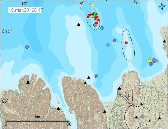 Green star east of Grímsey island, in a circle that shows a submarine volcano at the same area. Red dots are in the same area showing smaller earthquakes.