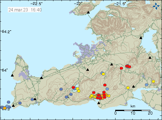 Red dots in south of Brennisteinsfjöll volcano. Showing the earthquake activity in that volcano. Red dots are also visible in Hengill volcano in a unrelated earthquake swarm.