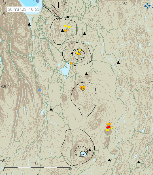 Fremrinámar volcano is located on this image south of Krafla volcano, located close to Mývatn lake in eastern north Iceland. Few orange dots are on the map showing the earthquake activity.