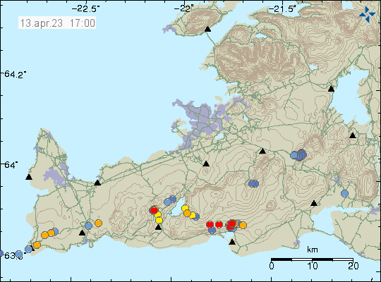 Red dots in south of Brennisteinsfjöll volcano showing the minor earthquake activity now taking place in this volcano. Nearby volcano also have minor earthquake activity, shown in orange to red dots.