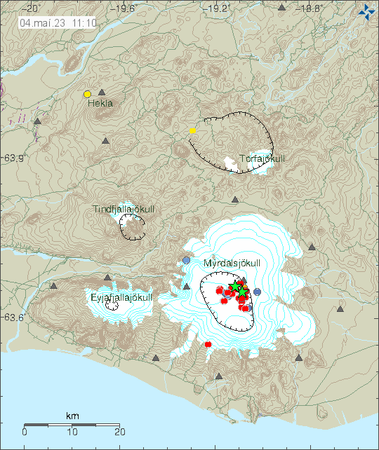 Red dots and green stars in Katla volcano caldera showing the main earthquake activity. 
