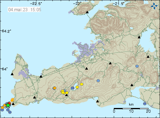 Green star and a cluster of earthquakes on down and west part of this image. Showing the Reykjanes peninsula. Few other earthquakes are dotted on the map in other volcanoes on the Reykjanes peninsula.