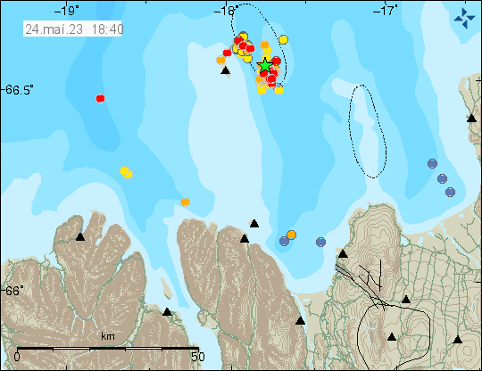 Green star, red and yellow dots east of Grímsey island. With other red and yellow dots and blue dots on other places on the map. Time of the map is 24. May. 23. 18:40 (Icelandic time)