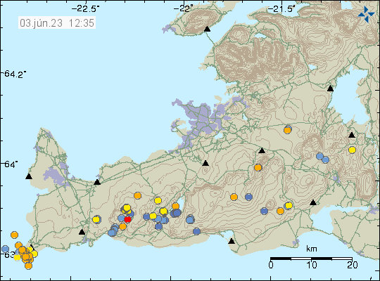 Earthquake swarm out in the ocean next to Reykjanestá and there's also an earthquake activity in Fagradalsfjall volcano. Time on map is 03. june. 23 12:35 (Iceland time)