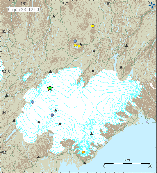 Green star in Bárðarbunga volcano in Vatnajökull glacier. There is not a lot of other activity on this map. Time of map is 05. June. 23 time 12:00.