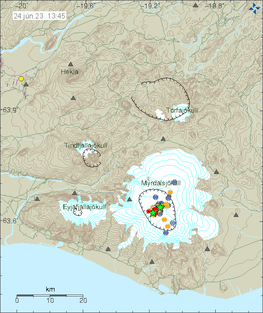 Two green stars in Katla volcano caldera along with blue and red dots that show this earthquake activity. It is spread over some area in the caldera. Time on image is 24. june 23, 13:45.