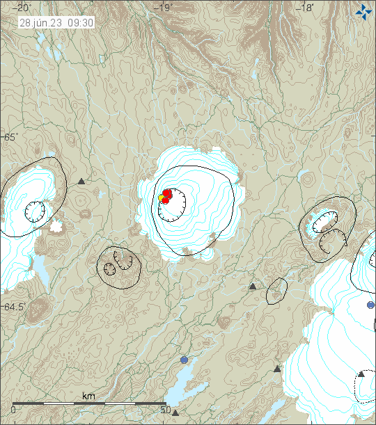 Red dots in western part of Hofsjökull volcano caldera. Time on map is 28. June. 23, 09:30 Icelandic time.