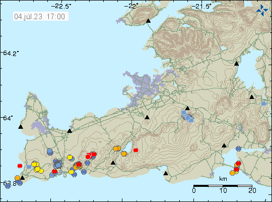 Red dots in Fagradalsfjall and yellow and blue dots in other places on Reykjanes peninsula. 