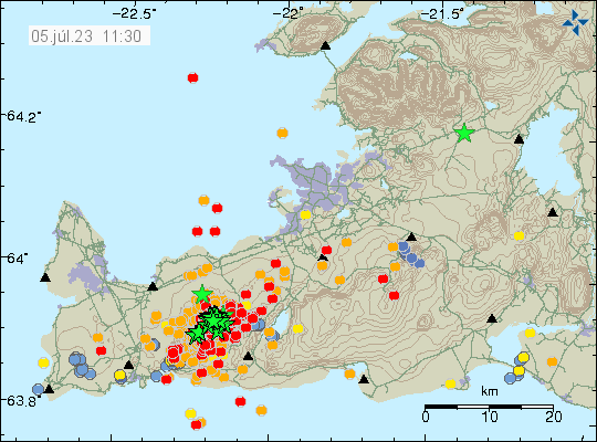 A lot of earthquakes in Fagradalsfjall mountain. Time on image is 11:30 on 5th july 2023.