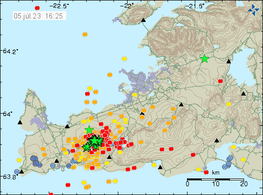 A lot of green stars and red dots in Fagradalsfjall mountain on Reykjanes peninsula. Time on map is 5. July 2023 at 16:25 UTC.
