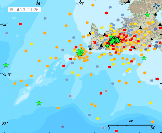 Green stars out in the ocean is the activity on the Reykjanes ridge. There's a lot of activity on this map and the whole thing is a mess to read.