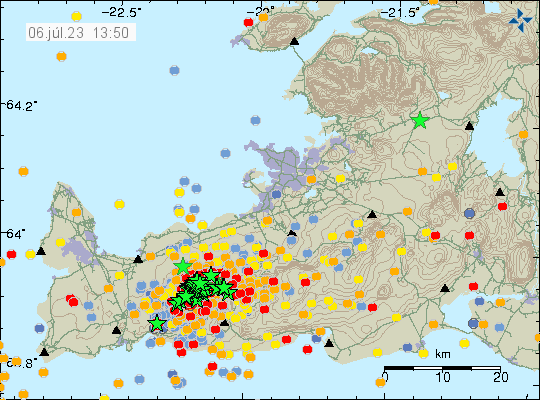 A lot of green stars and red dots in Fagradalsfjall mountain and on Reykjanes peninsula because of misplaced earthquakes.