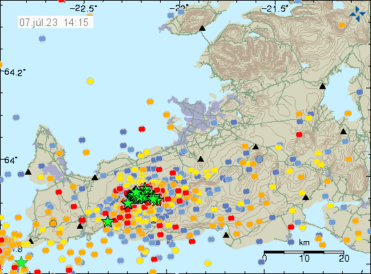 A lot of earthquakes in Fagradalsfjall mountain. Too many earthquakes too count and too many green starts.