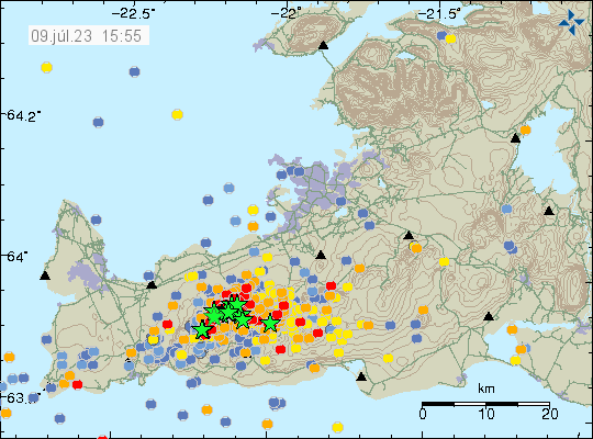 Heavy earthquake activity remains in Fagradalsfjall - Keilir area. With the new activity area north-east of Keilir mountain. Time on map is 9 July 2023 at 15:55 UTC.