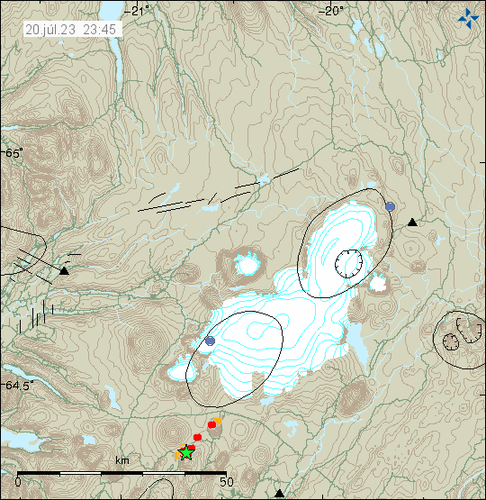 Green star and red dots just south of Presthnjúkur volcano and south of Langjökull glacier. Few red dots outside of this. This earthquake swarm is next to Skjaldbreið lava shield