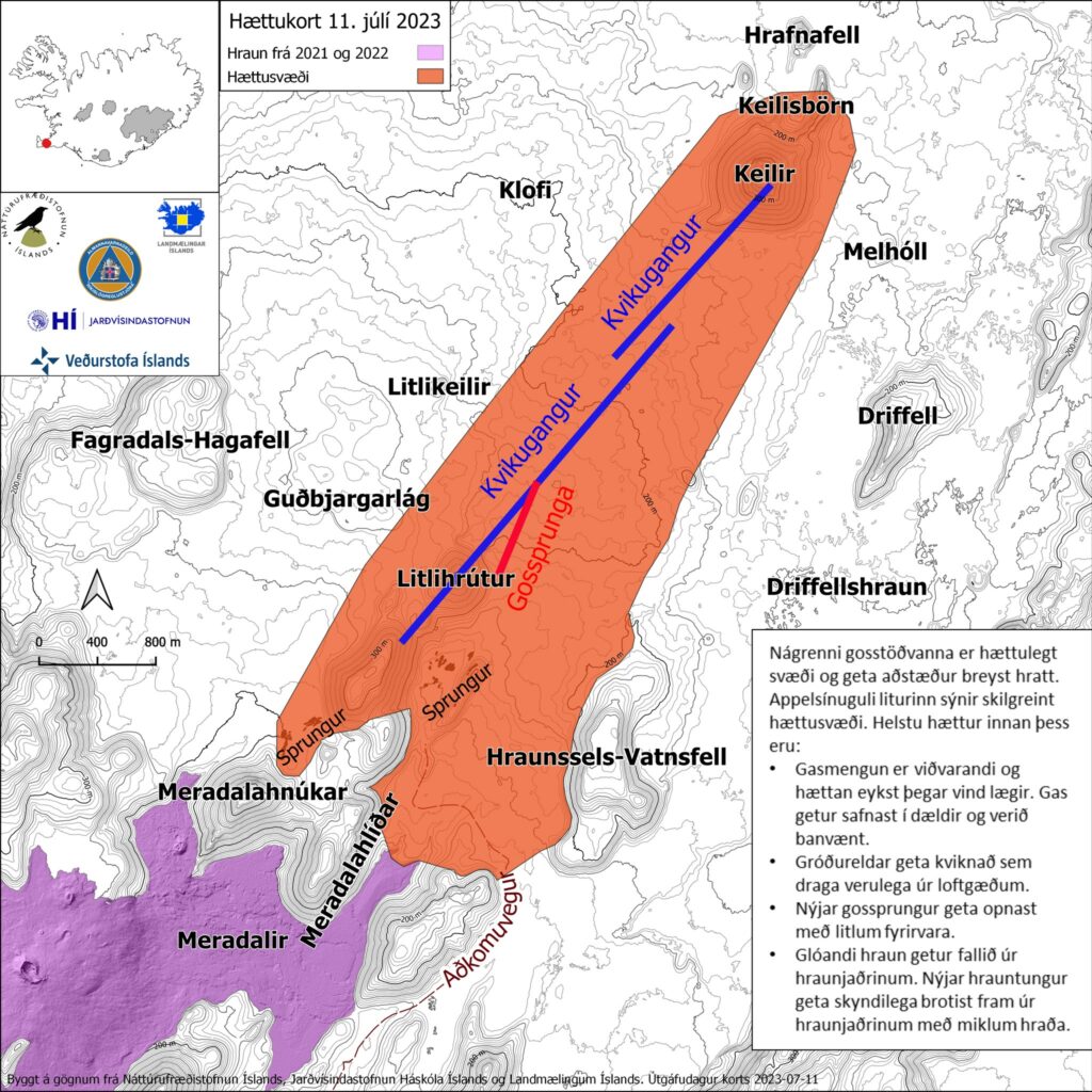 Map of the magma dyke and the eruption fissures on a map from Icelandic Met Office and others. Orange area between Keilir and to Meradalir valley show the danger area around the eruption area.