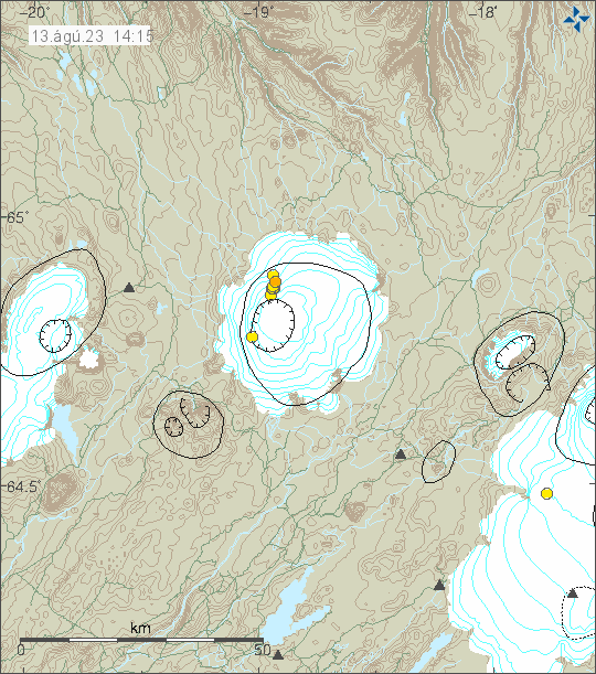 Dots in Hofsjökull volcano, that is at the center of this image. Between Langjökull to the west and Vatnajökull to the south-east. One earthquake is located at the caldera rim in the south part of Hofsjökull volcano. Other earthquakes are located on a line in north part of the volcano.