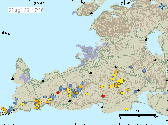 Yellow dots in Brennisteinsfjöll volcano the east of Fagradalsfjall volcano on Reykjanes peninsula. A lot of smaller earthquakes all over the Reykjanes peninsula on this map. Time on map is 26. August 2023 at 17:00 Icelandic time.
