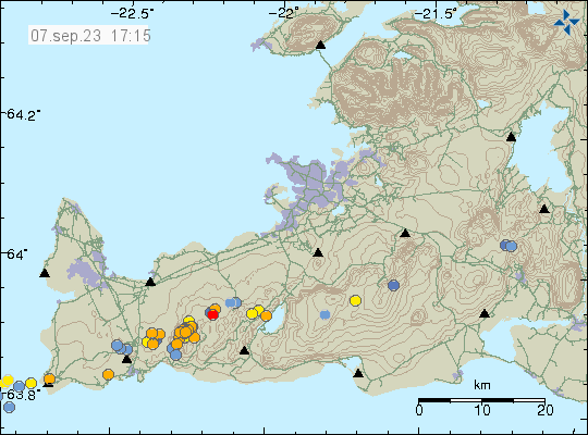 Earthquake activity in Fagradalsfjall volcano shown here with orange dots because all earthquakes are small. A area of dots just east of Keilir mountain, showing more earthquake activity.