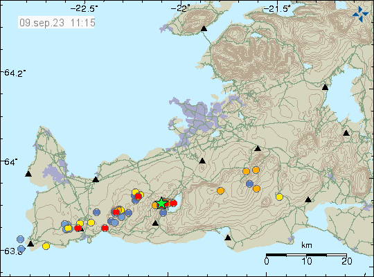 Green star and red dots in Krýsuvík-Trölladyngja volcano on the Reykjanes peninsula. There are also many other dots over the Reykjanes peninsula showing earthquake activity in other volcanoes.