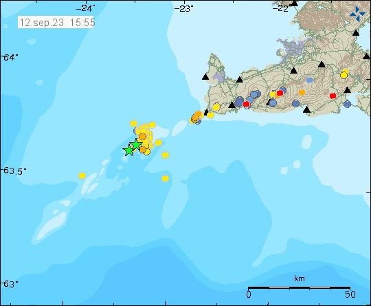 Green stars and yellow dots on Reykjanes ridge far from the coastline that shows the location of this earthquake swarm. Its in the more deeper areas of the Reykjanes ridge.