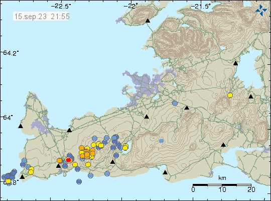 A lot of orange dots on Fargradalsfjall volcano showing high level of earthquake activity in the volcano.
