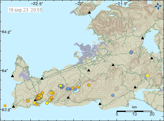 Earthquake activity north of Grindavík town. Shown with orange dots on this map from today.