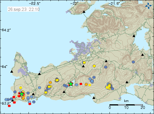 Yellow dots at the location where the Sunday earthquake swarm took place. There's a lot of earthquake activity on the Reykjanes peninsula at the moment. Shown with two green stars, one at Svartsengi and the other in Kleifarvatn lake.