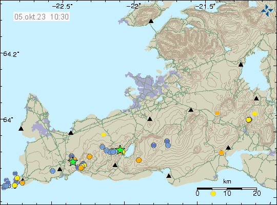 Two green stars on Reykjanes peninsula that are connected to inflation in Fagradalsfjall volcano.