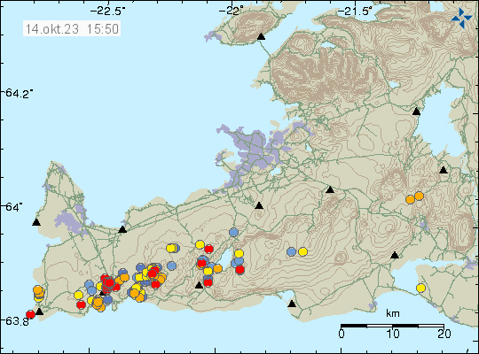 A lot of of red dots showing new earthquakes north of Grindavík town and in Fagradalsfjall volcano. This are small earthquakes and often happen before an eruption starts.