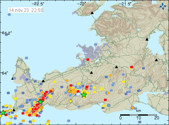 Line of red dots shows all the small earthquakes, along with one green star on it. This show all the 15 km of the dyke.