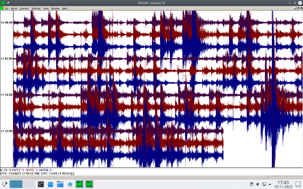 Dense earthquake swarm on WinSDR plot. Earthquakes happening every 10 second.