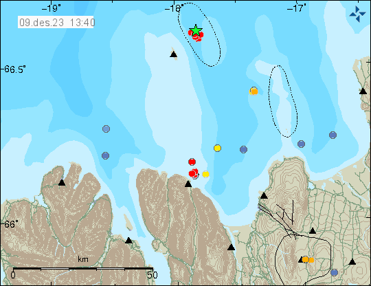 Green star and red dots east of Grímsey island from the small earthquake swarm. This is out in the ocean.