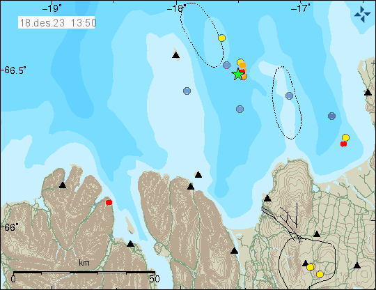 Green star just south-east of Grímsey island. With few dots that show the area of the earthquake activity in the Tjörnes Fracture Zone.