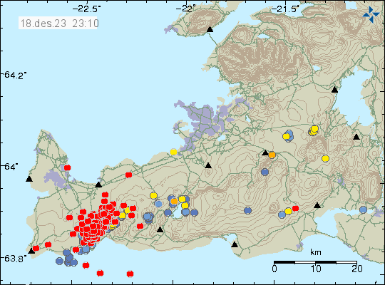 A lot of red dots showing the earthquake activity in the dyke and Svartsengi just before the eruption.