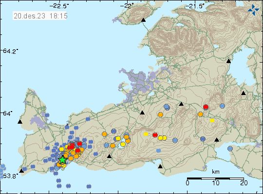 Earthquake activity along the rift valley in Svartsengi volcano shown by a green stars, red and orange dots showing smaller earthquakes.