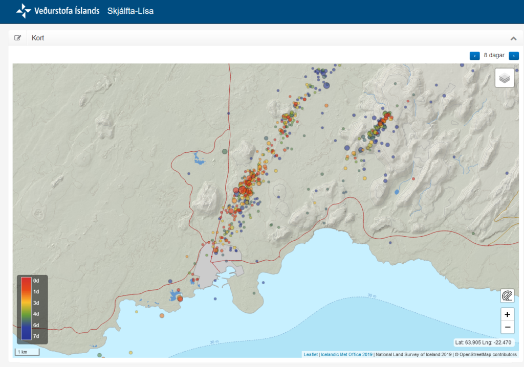 Earthquake activity along the dyke shown in higher resolution along the dyke from 10. November 2023. An earthquake activity in Fagradalsfjalli volcano east of Svartsengi and Sundhnúkagígar on a small faultline there.