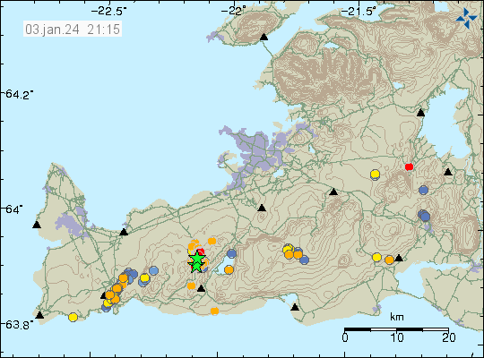 Two green stars west of Kleifarvatn lake. Along with few red dots at almost the same location showing smaller earthquakes.