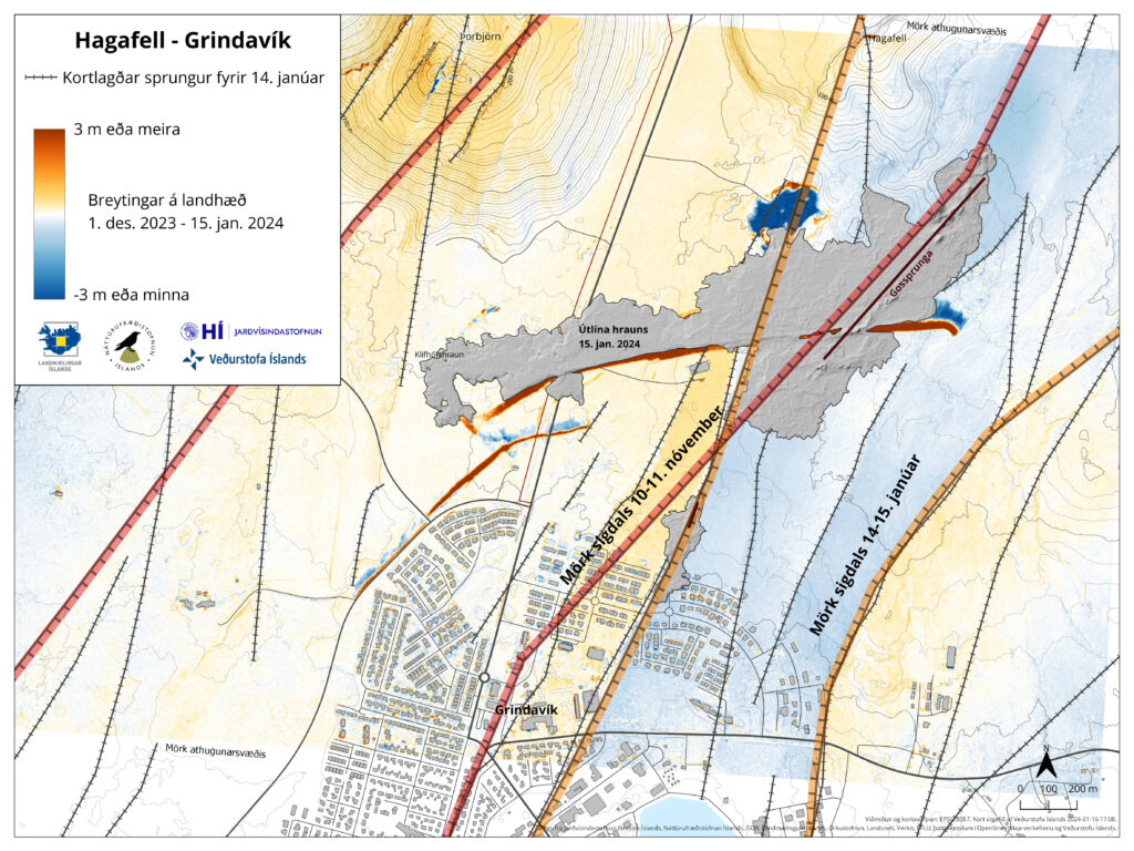 Image showing the rift valley, along with how much it has risen or lowered in the area around Grindavík town. Along with fault lines and cracks that have formed.