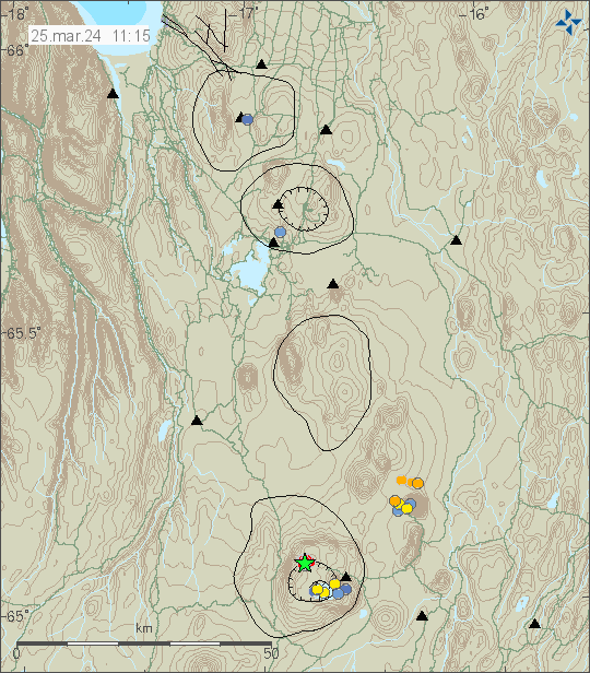 At the bottom of this image. There's a green star and few yellow dots. This is the earthquake activity in Askja volcano.