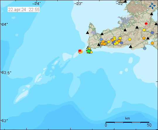 Green star just off the south coast of Reykjanes peninsula to the west part of it. There are also smaller dots that show smaller earthquakes in the same area.